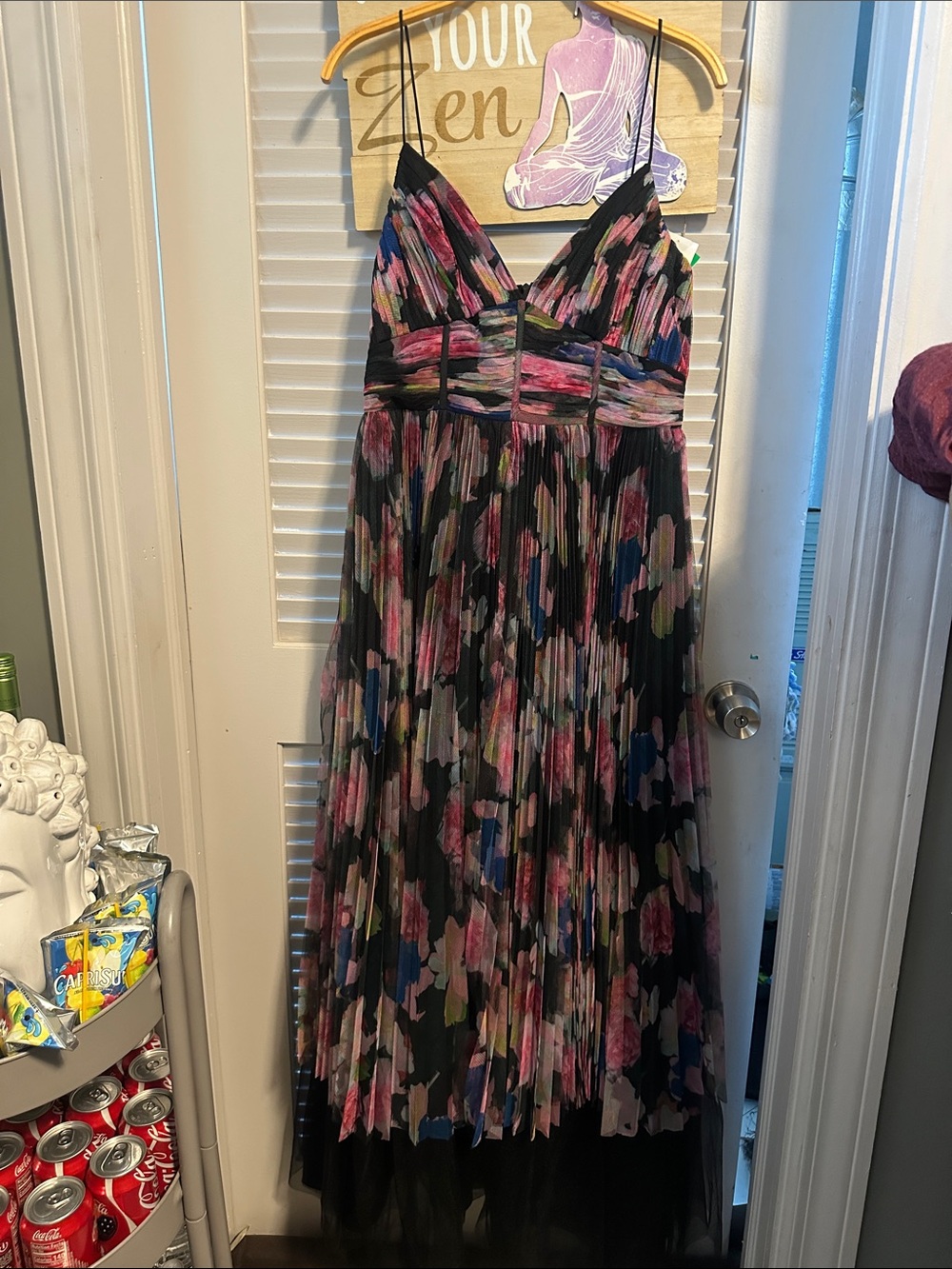 Monique Lhuillier Black Pleated Maxi Dress with Pink and Blue Brushstroke Print